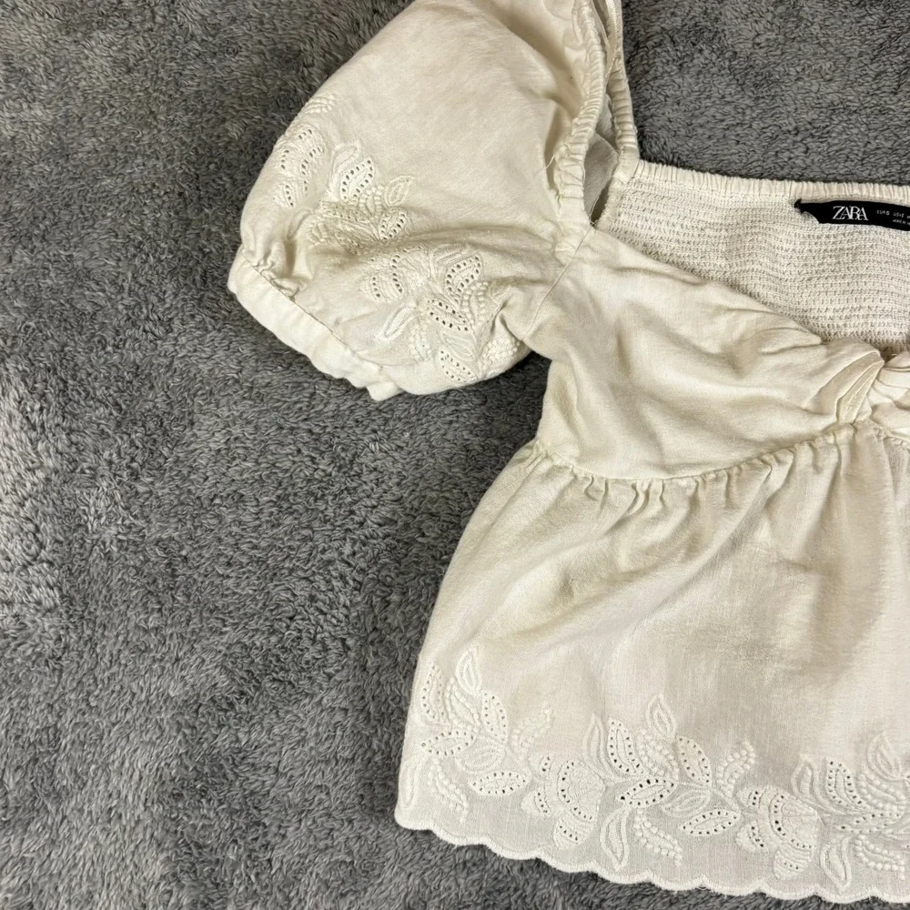 Zara White Eyelet Embroidered Linen Blend Puff Sleeve Crop Top Small